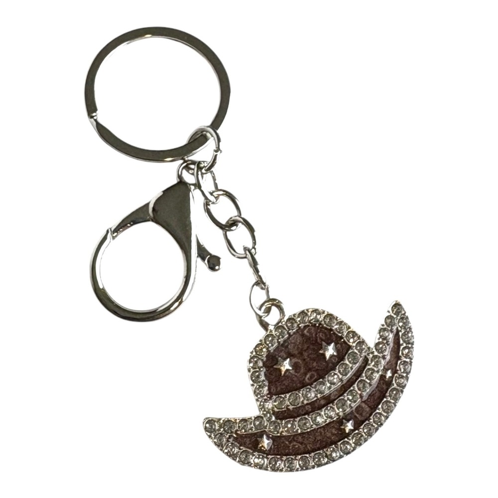 Key Chain Brown Silver Tone 4" Cowboy Hat Charm Crystal Western